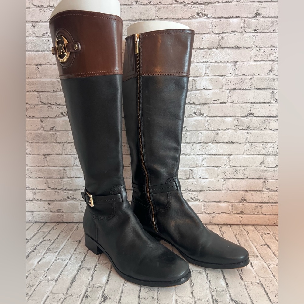 Michael Kors Black and Brown Riding Boots with Gold Emblem